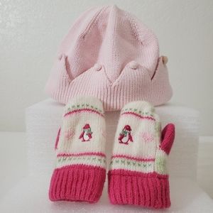 Pink Penguin knit Mittens and Gymboree Crown knit Beanie